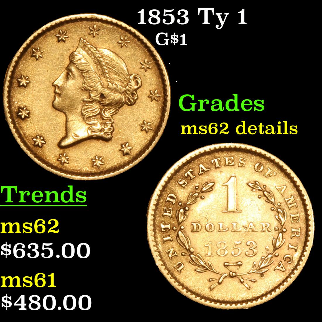 1853 Ty 1 Gold Dollar $1 grades Unc Details (1 of 3)