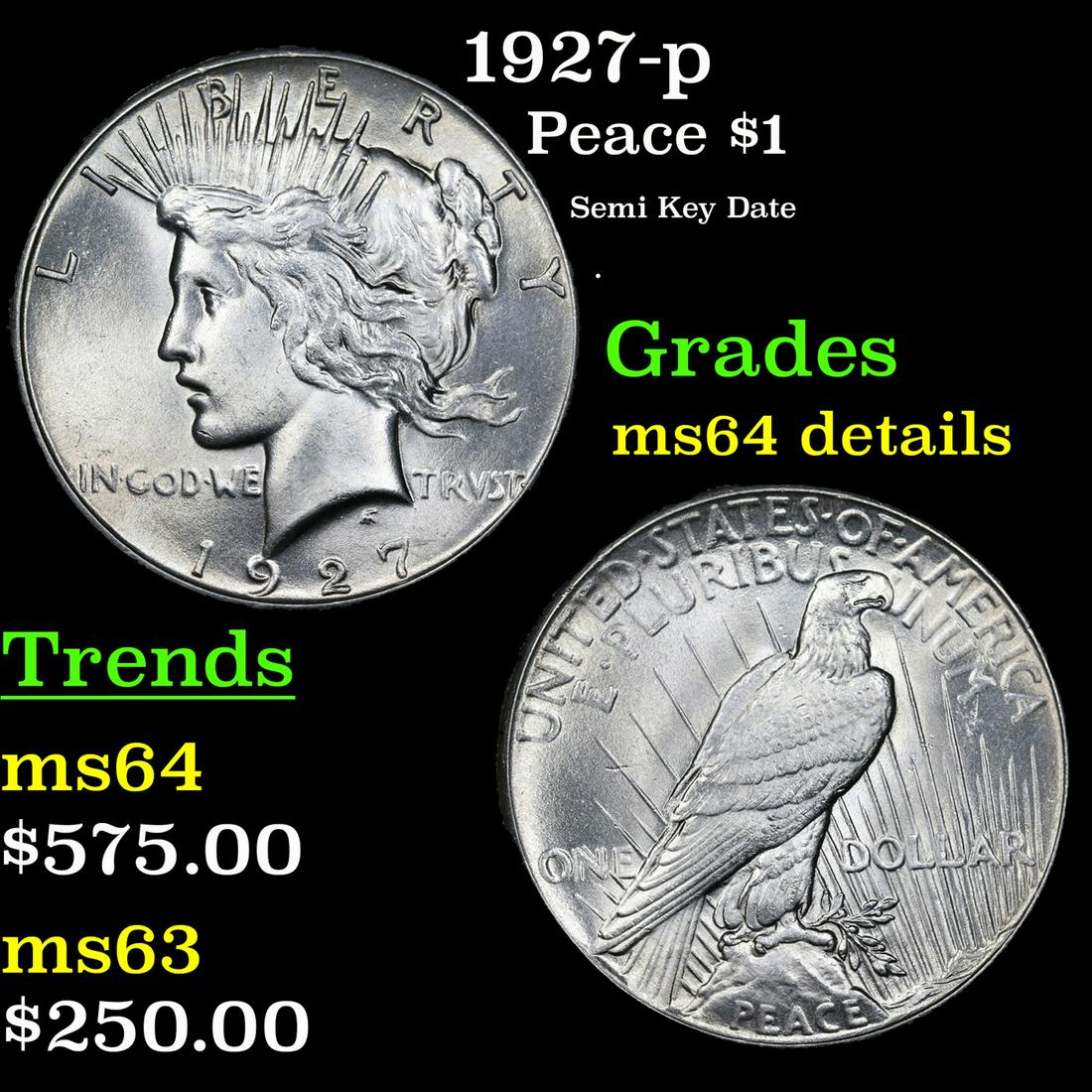 1927-p Peace Dollar $1 Graded ms64 details by SEGS (1 of 3)