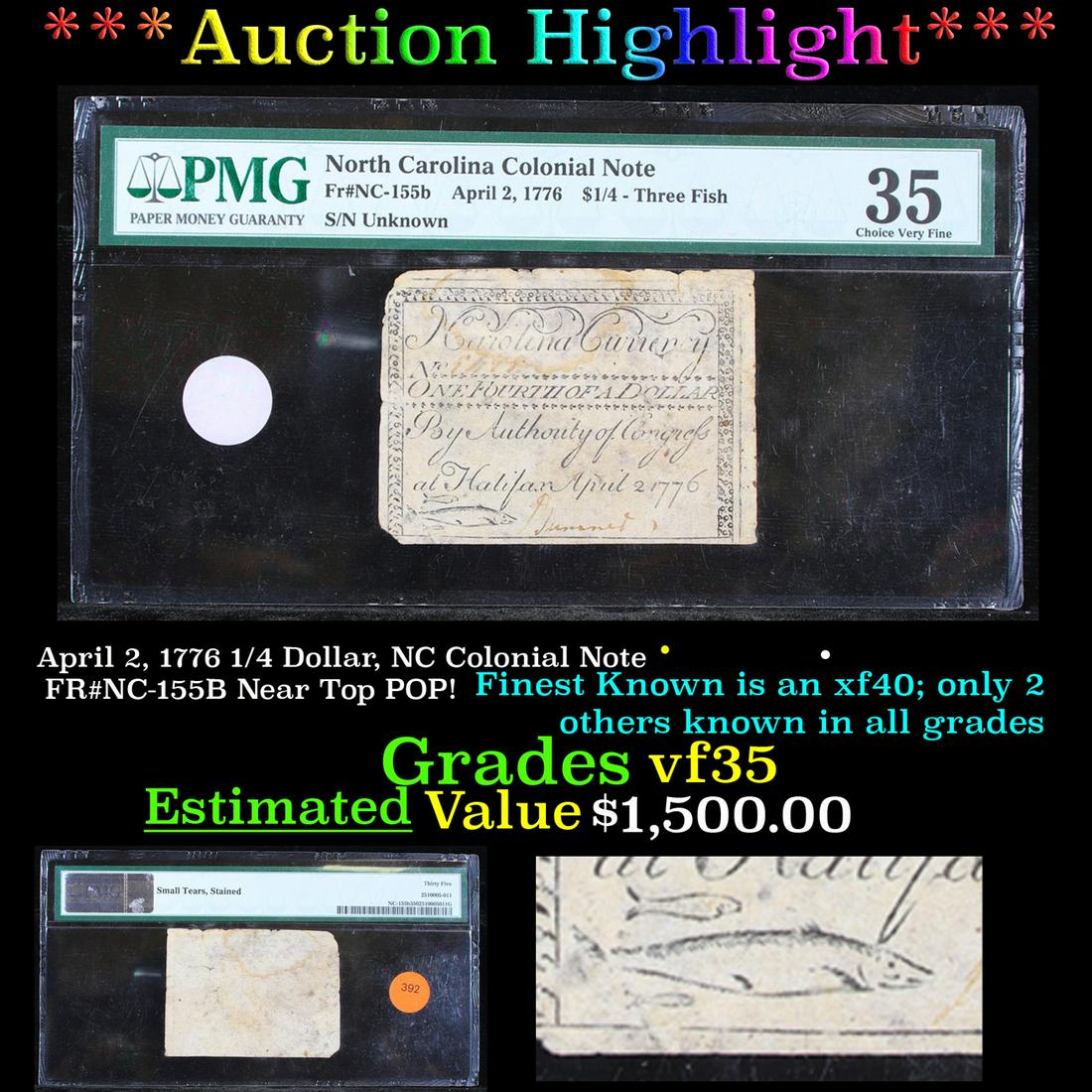 ***Auction Highlight*** April 2, 1776 1/4 Dollar, NC (1 of 4)