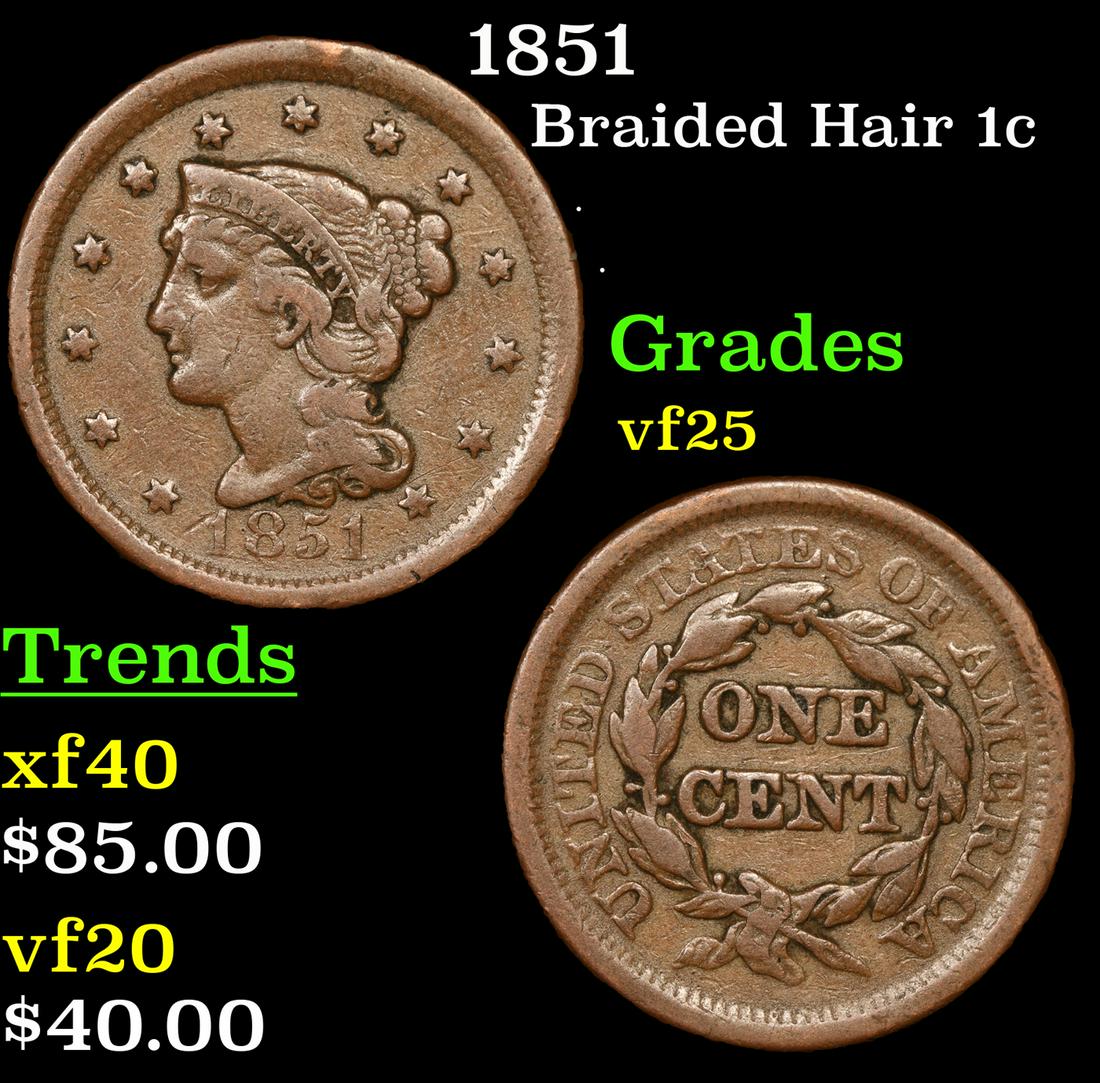 1851 Braided Hair Large Cent 1c Grades vf+ (1 of 3)