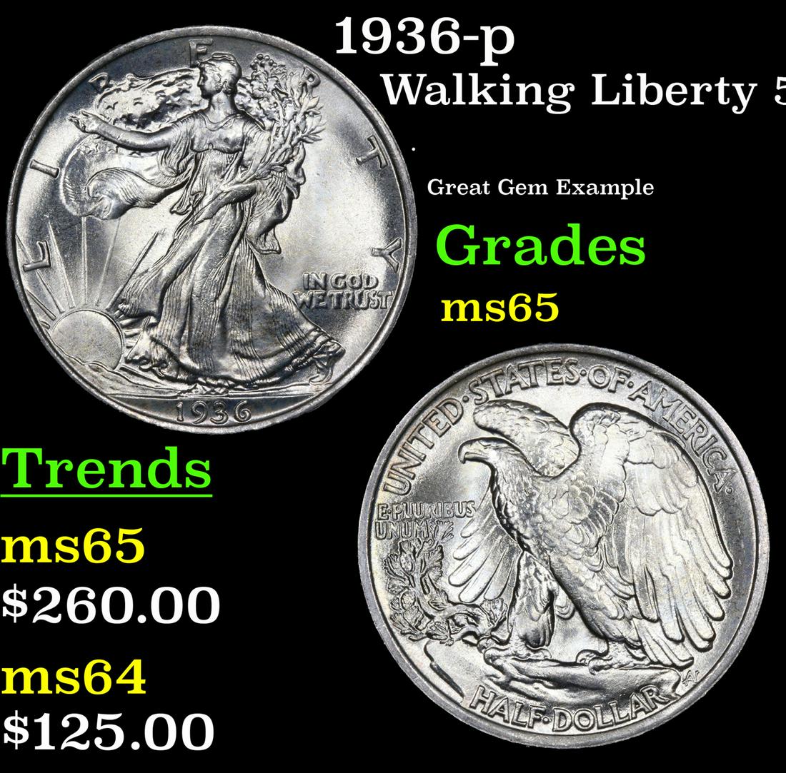 1936-p Walking Liberty Half Dollar 50c Grades GEM Unc (1 of 3)