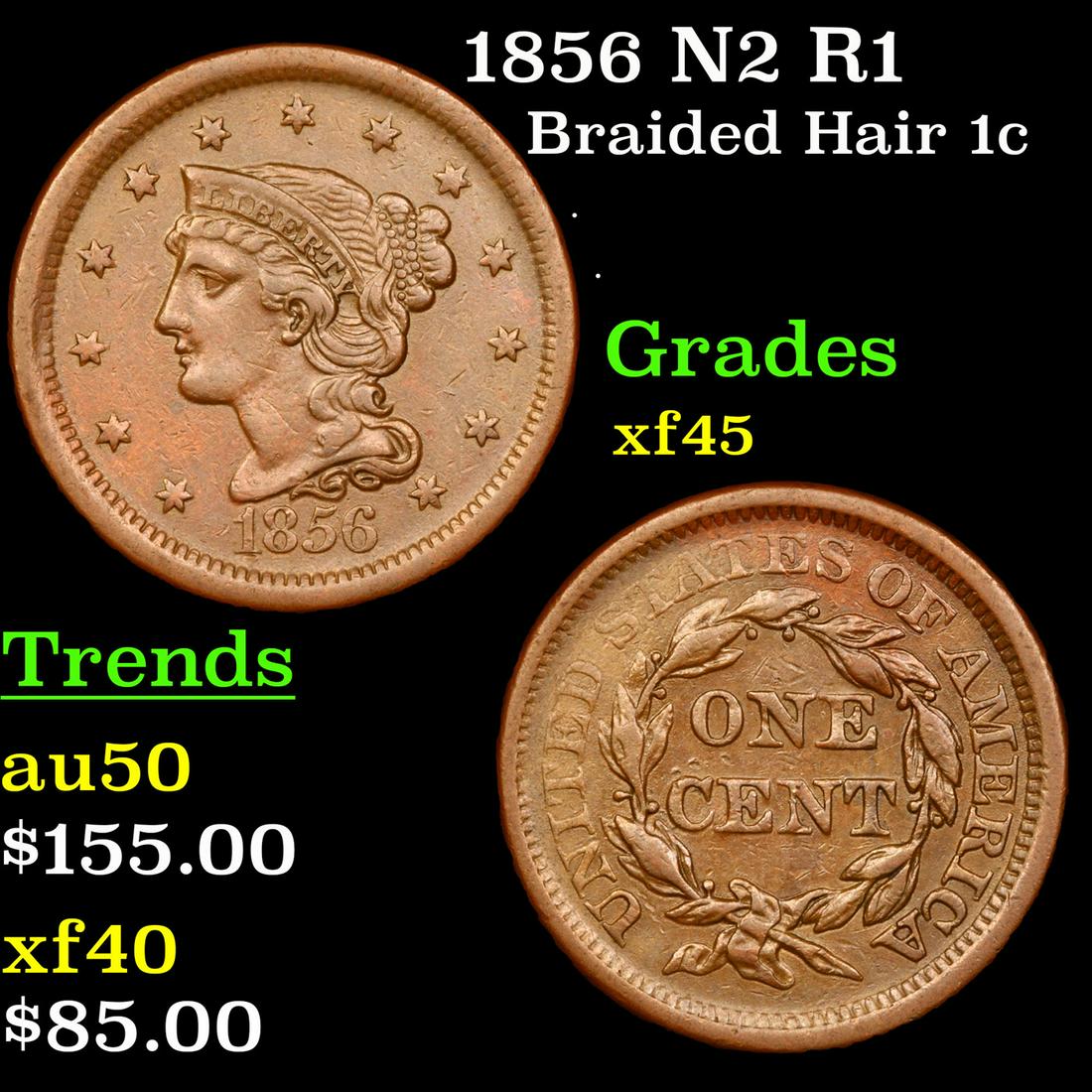1856 Braided Hair Large Cent N2 R1 1c Grades xf+ (1 of 3)