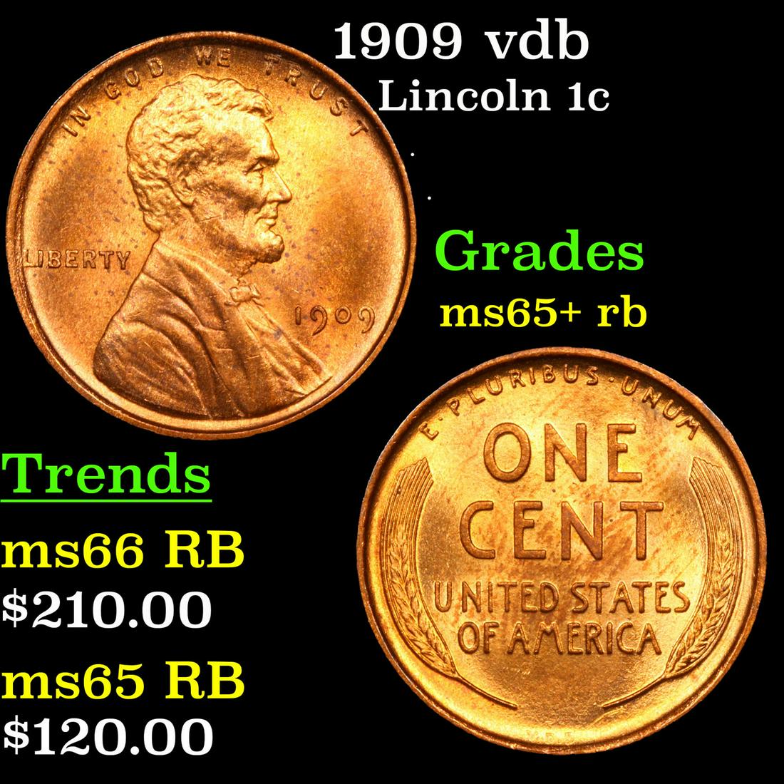 1909 vdb Lincoln Cent 1c Grades Gem+ Unc RB (1 of 3)