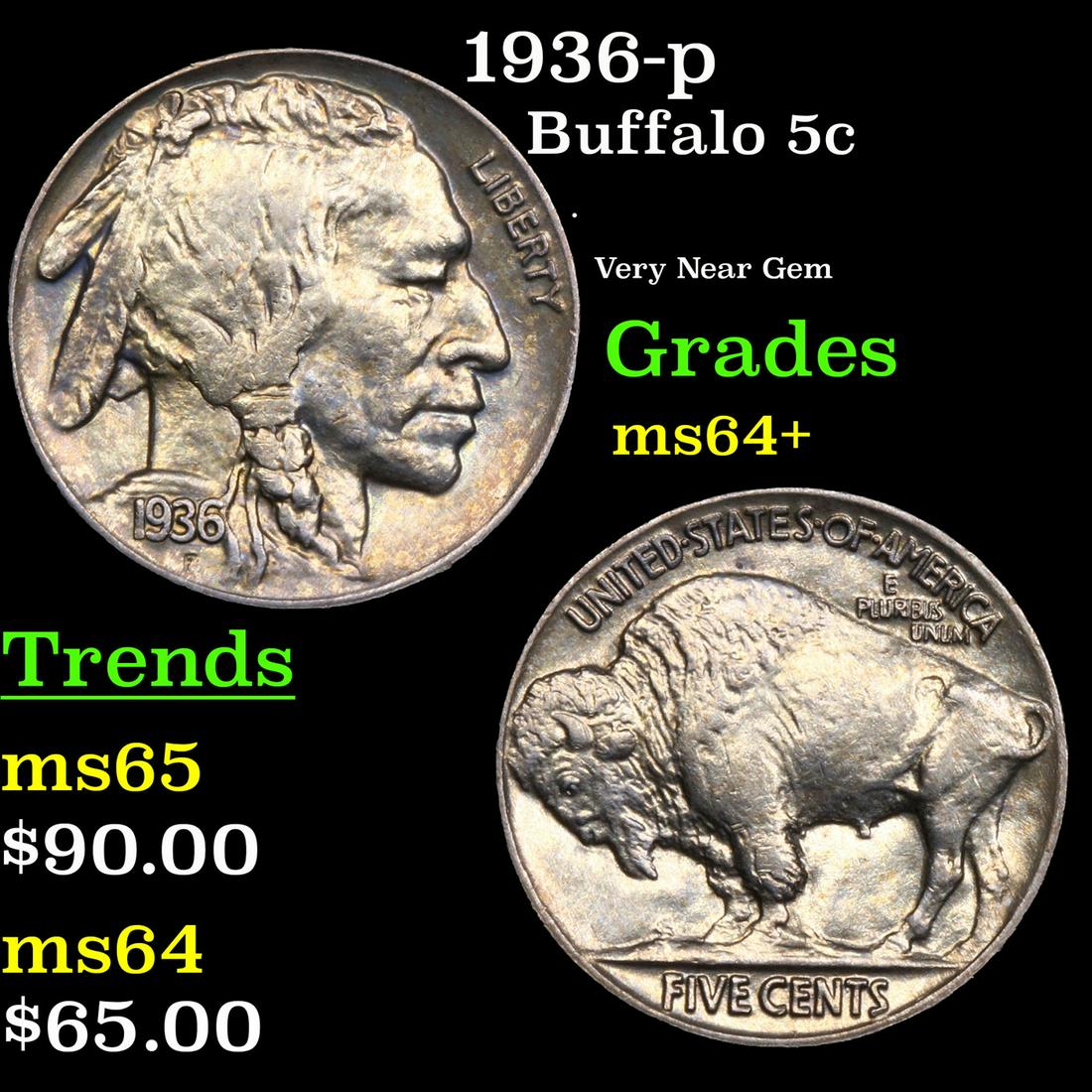 1936-p Buffalo Nickel 5c Grades Choice+ Unc (1 of 3)
