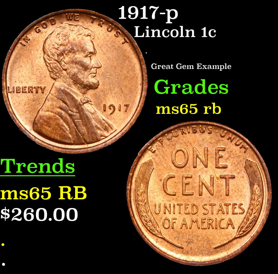 1917-p Lincoln Cent 1c Grades GEM Unc RB (1 of 3)