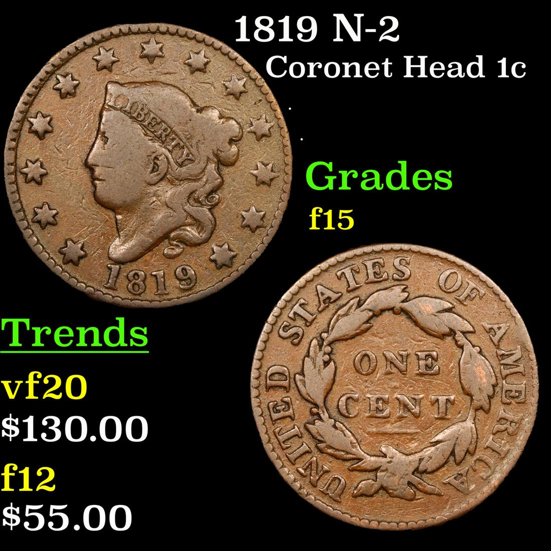 1819 N-2 Coronet Head 1c Grades f+ (1 of 3)
