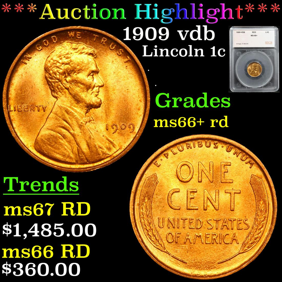 *Highlight* 1909 vdb Lincoln 1c Graded ms66+ rd (1 of 5)