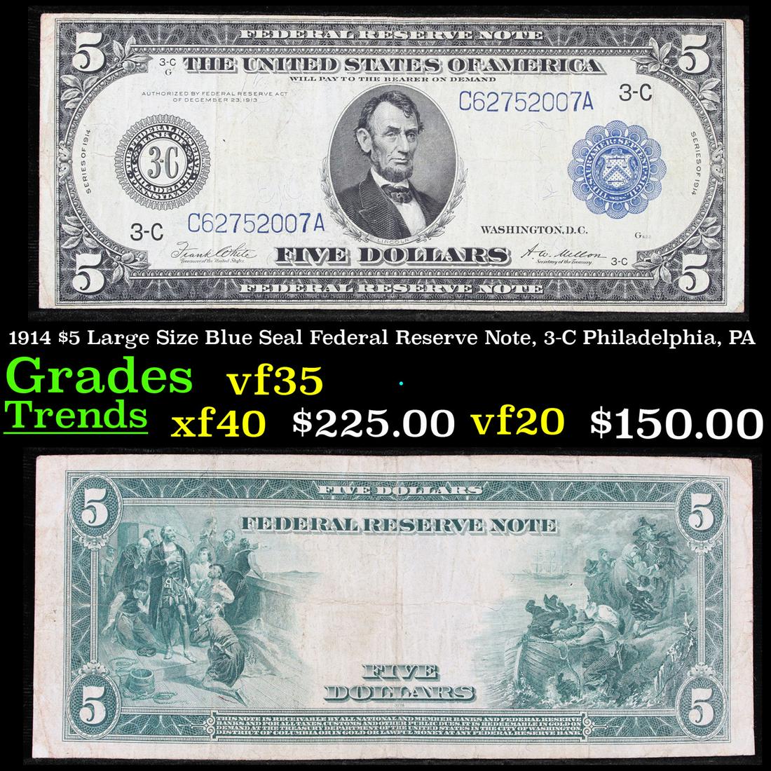 1914 $5 Large Size Blue Seal Federal Reserve Note, 3-C (1 of 3)
