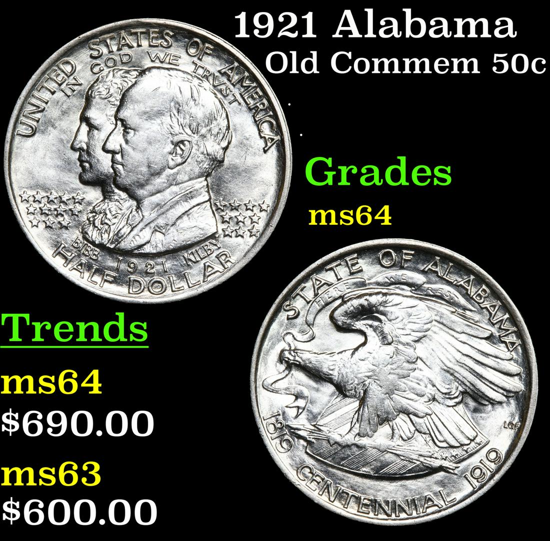 1921 Alabama Old Commem 50c Grades Choice Unc: 1921 Alabama Old Commem Half Dollar 50c Grades Choice Unc. This Coin was Largely Distributed to the Public and not to Collectors and saw Great Use during the Great Depression. Wear First Appears on Ki