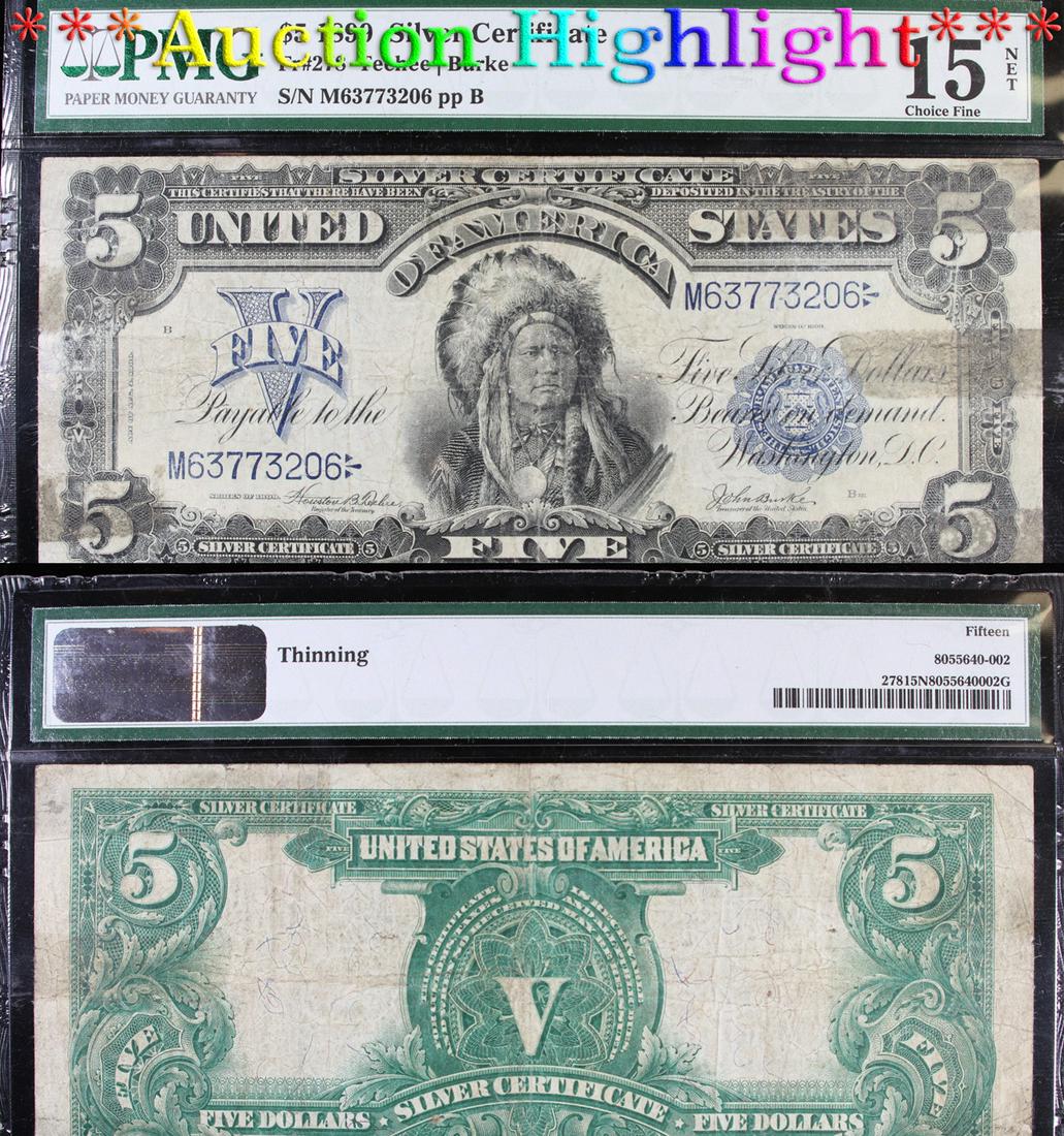 ***Auction Highlight*** 1899 $5 Dollar Large Size: ***Auction Highlight*** 1899 $5 Dollar Large Size Silver Certificate Oncpapa Indian Chief FR# 278 Teehee-Burke Graded f15 Net By PMG. The five dollar silver certificate has always been one of the most