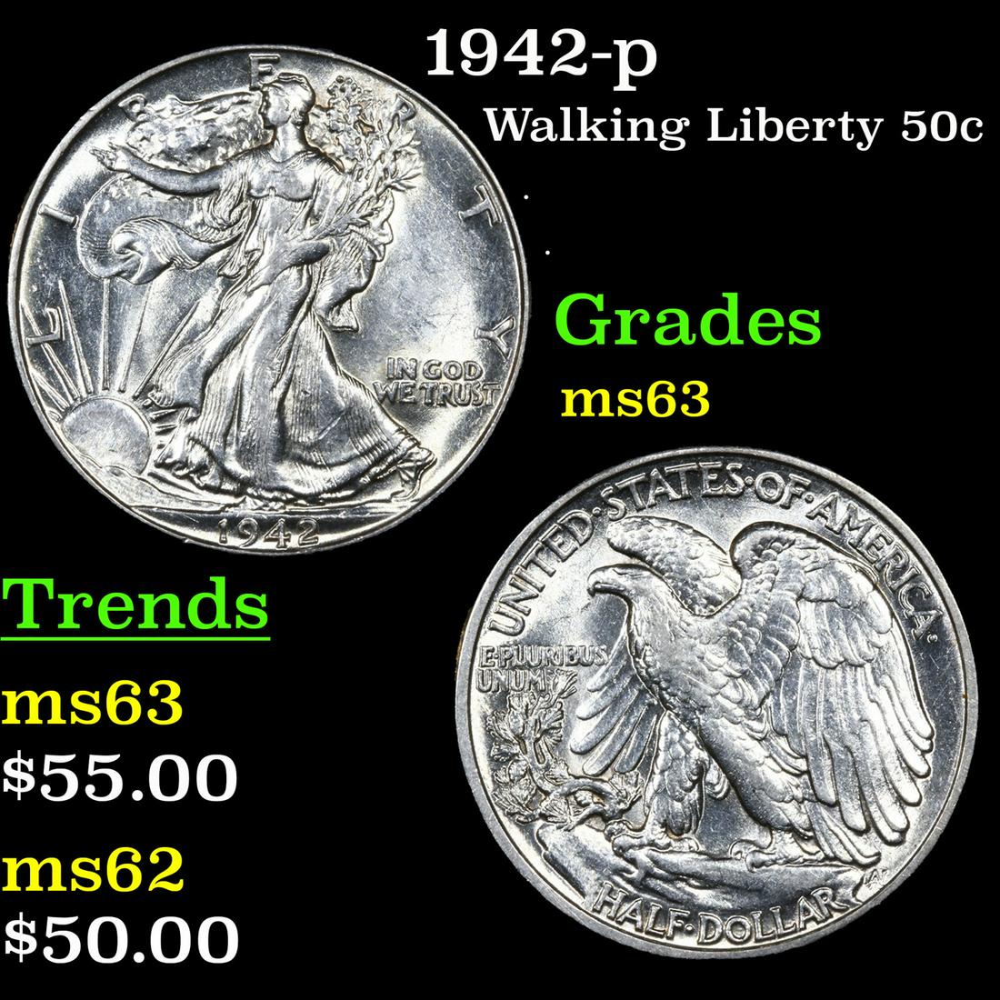 1942-p Walking Liberty 50c Grades Select Unc (1 of 3)