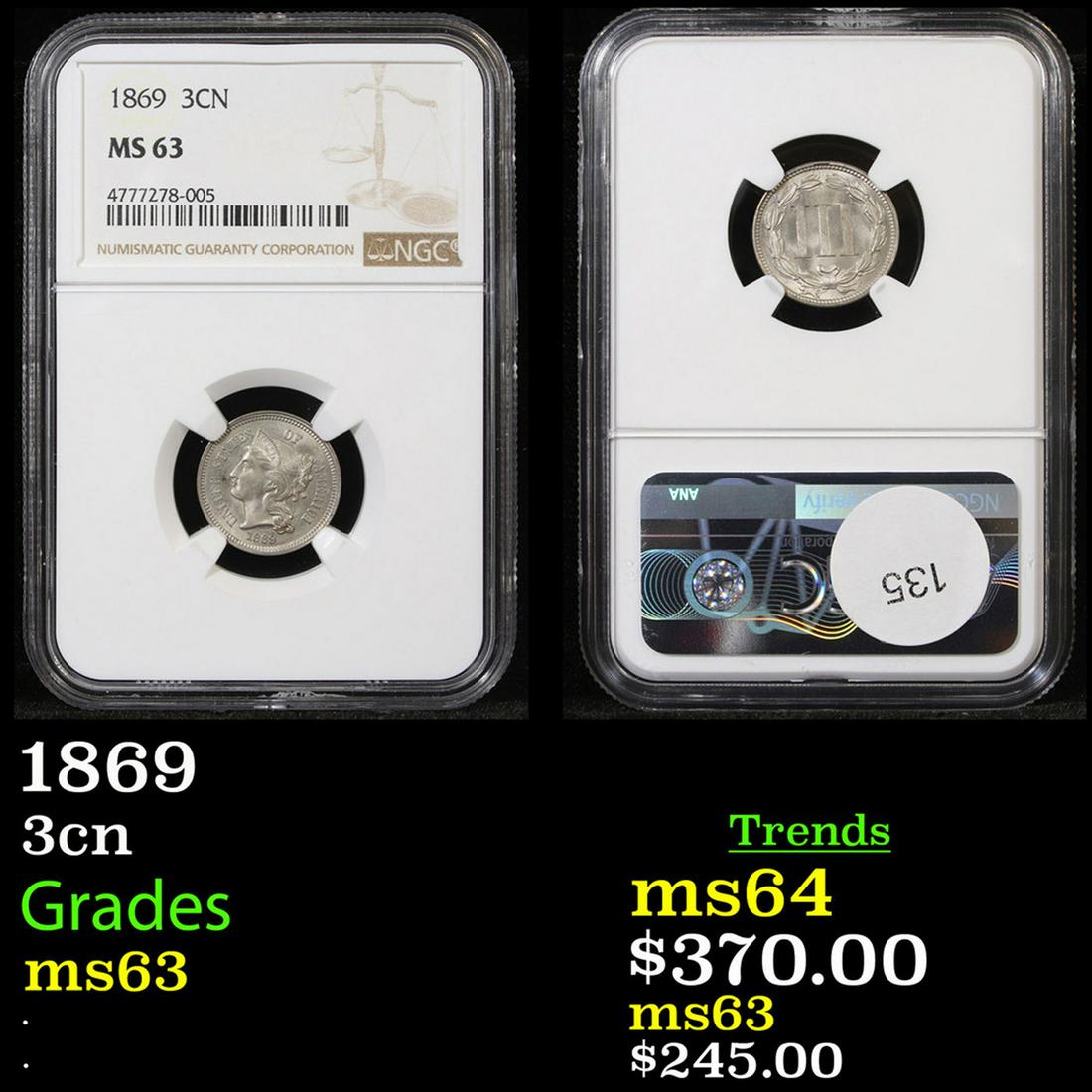 NGC 1869 Three Cent Copper Nickel 3cn Graded ms63 By NGC (1 of 3)