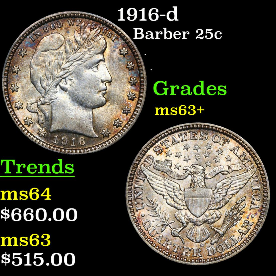 1916-d Barber Quarter 25c Grades Select+ Unc (1 of 3)