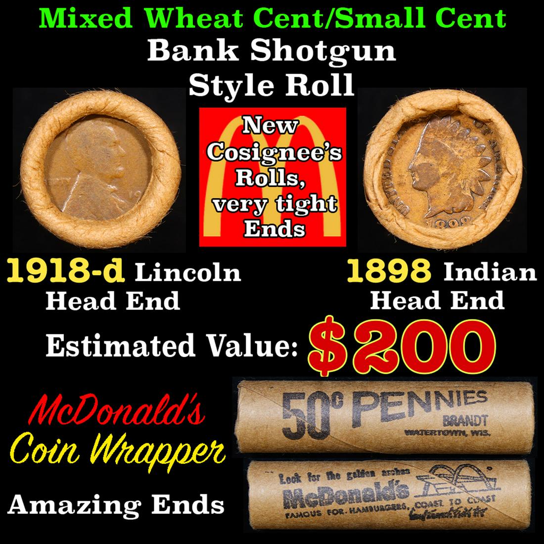 Mixed small cents 1c orig shotgun Bandt McDonalds roll, 1918-d Wheat Cent, 1898 Indian Cent other (1 of 5)