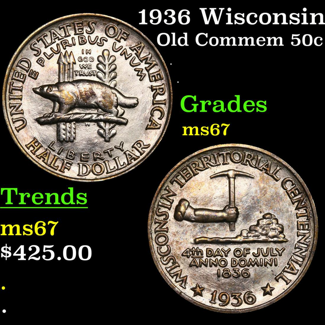 1936 Wisconsin Old Commem Half Dollar 50c Grades GEM++ Unc (1 of 3)