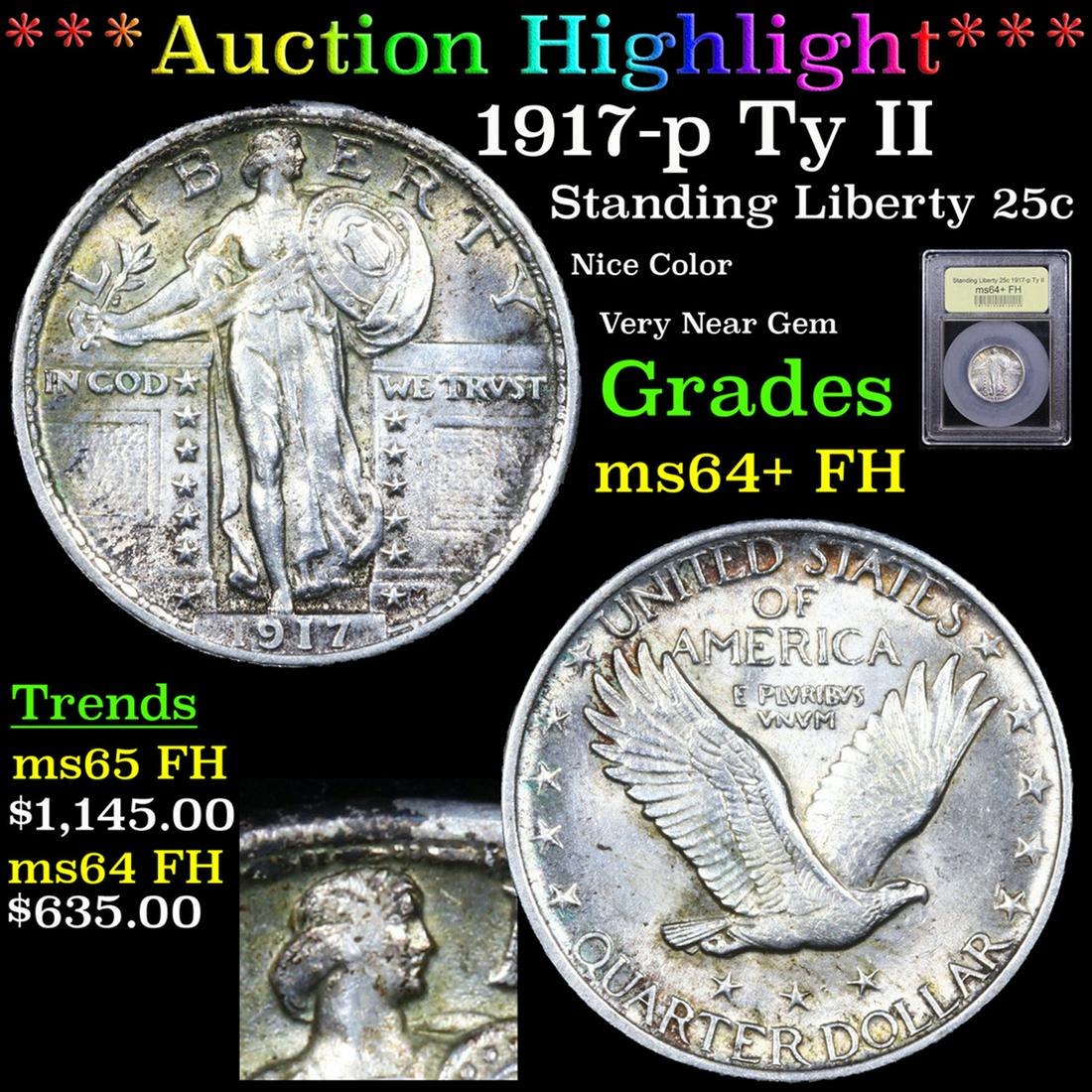 ***Auction Highlight*** 1917-p Ty II Standing Liberty Quarter 25c Graded Choice Unc+ FH By USCG (fc) (1 of 6)