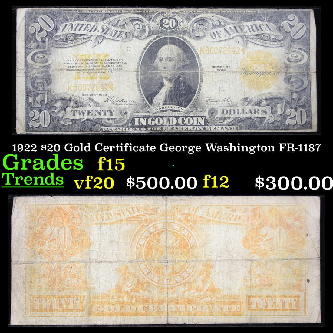 1922 $20 Gold Certificate George Washington FR-1187 Grades f+ (1 of 3)