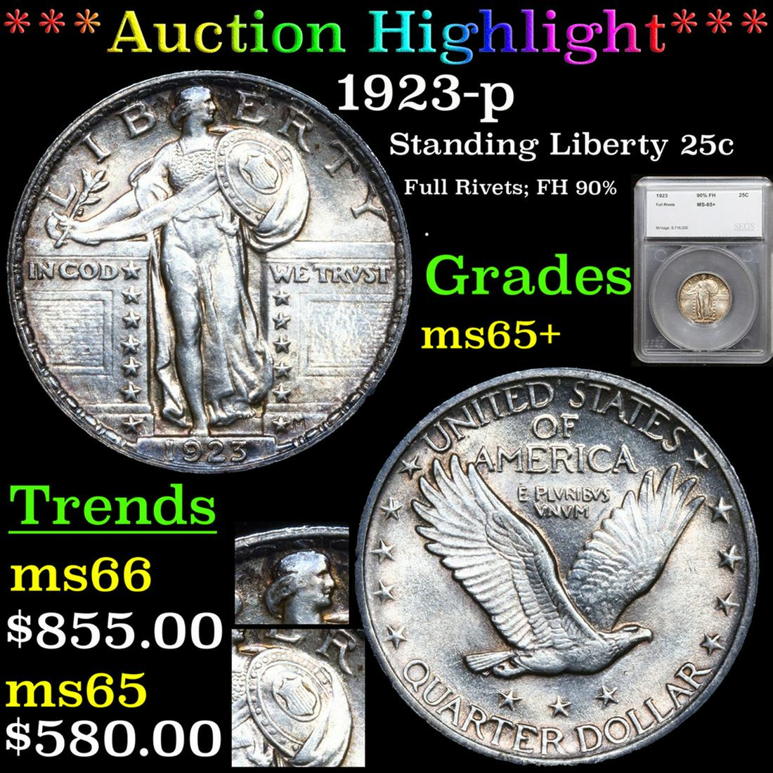 ***Auction Highlight*** 1923-p Standing Liberty Quarter 25c Graded ms65+ By SEGS (fc) (1 of 7)