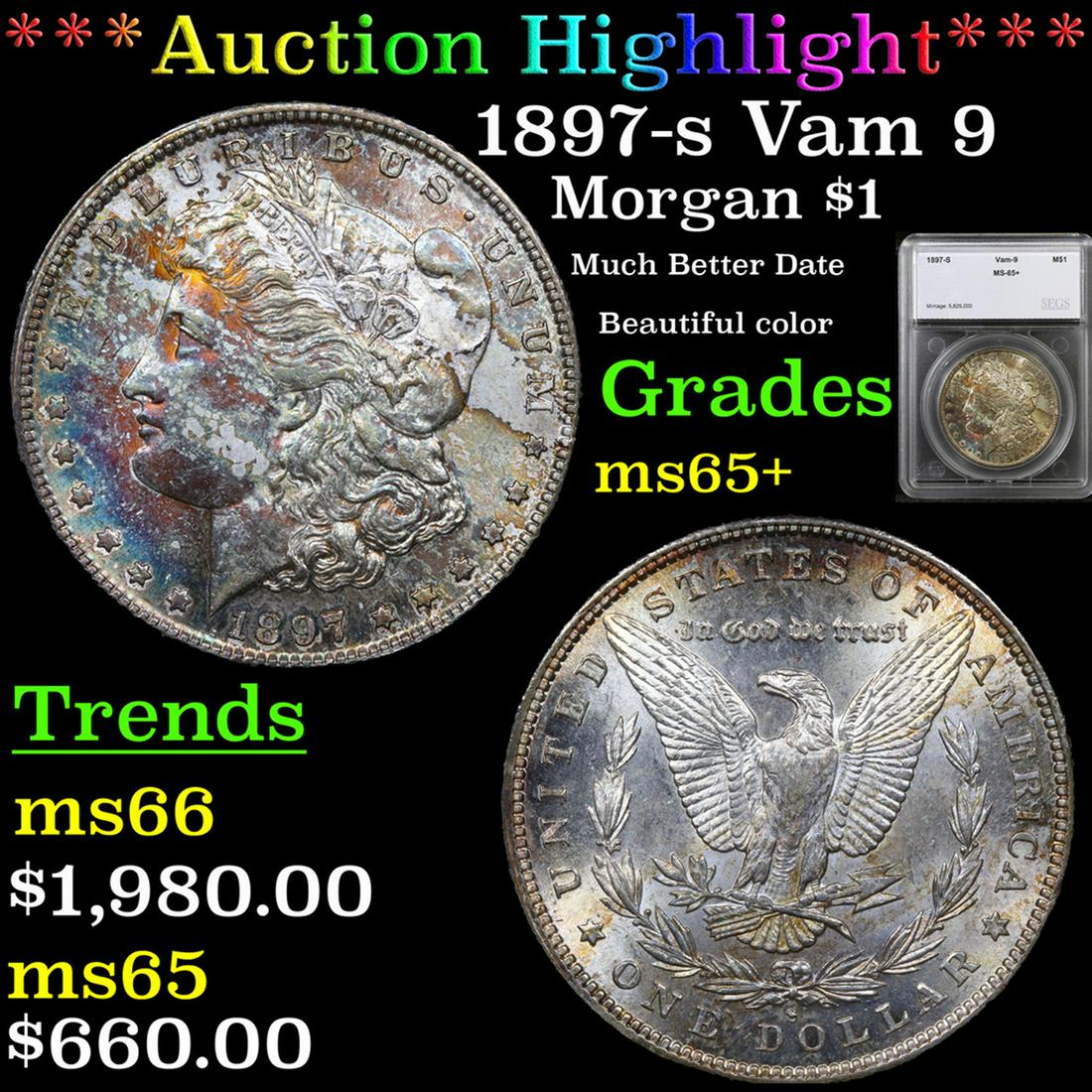 ***Auction Highlight*** 1897-s Morgan Dollar Vam 9 1 Graded ms65+ By SEGS (fc) (1 of 5)