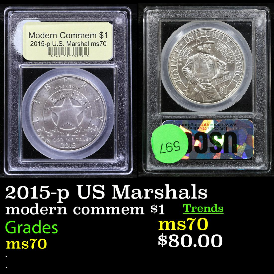 2015-p US Marshals Modern Commem Dollar $1 Graded ms70, Perfection By USCG (1 of 3)