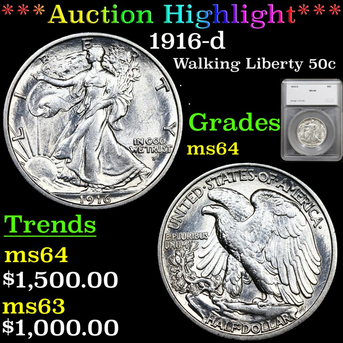 ***Auction Highlight*** 1916-d Walking Liberty Half Dollar 50c Graded ms64 By SEGS (fc) (1 of 5)
