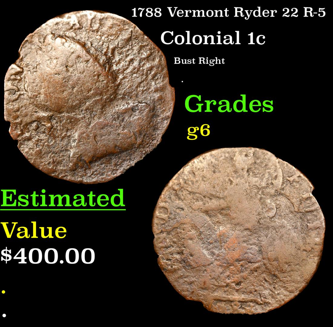1788 Vermont Colonial Cent Ryder 22 R-5 1c Grades g+ (1 of 3)