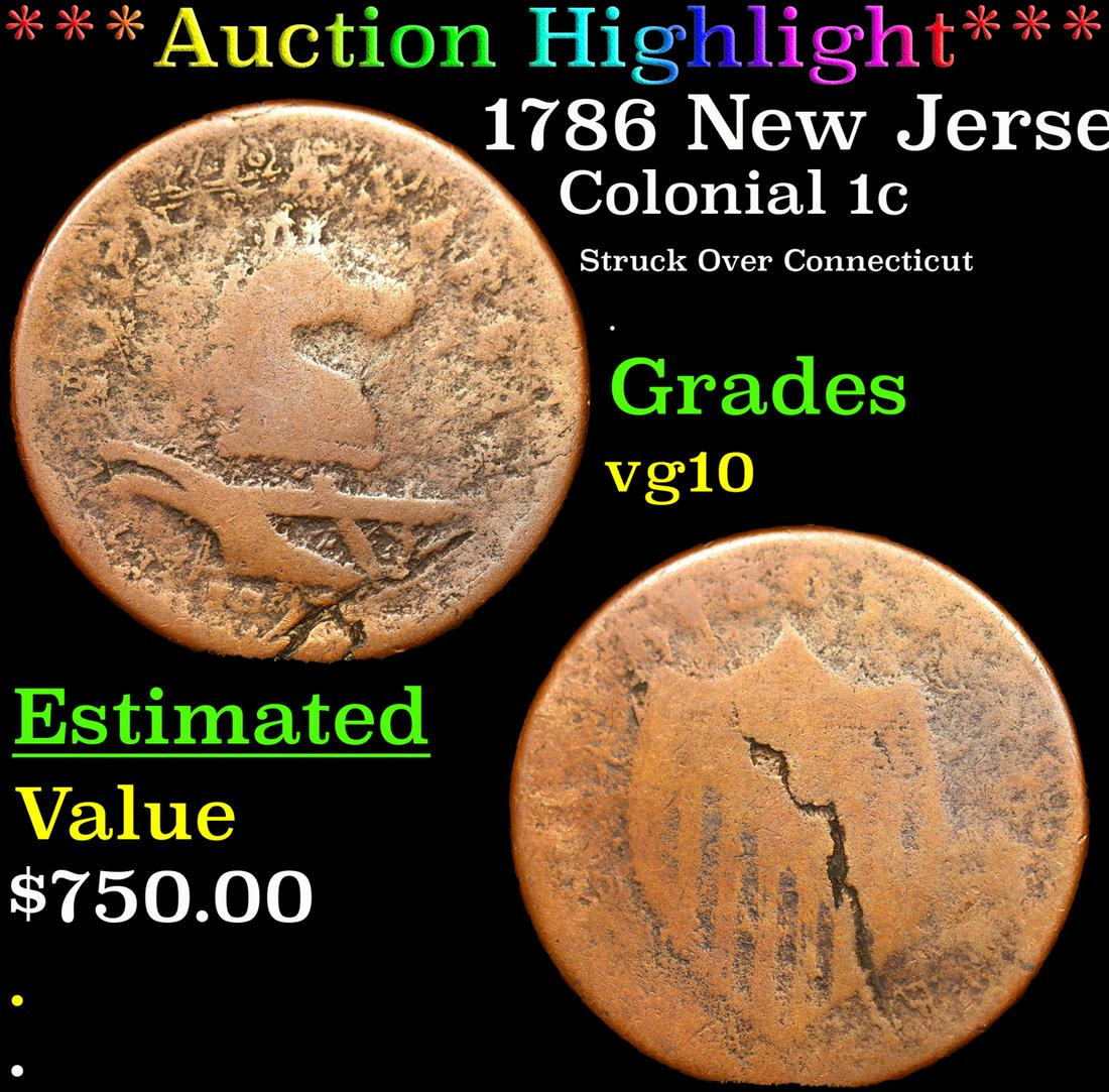***Auction Highlight*** 1786 New Jersey Colonial Cent Maris 14-J R-4 Stegosaurus Head 1c Graded vg10 (1 of 5)