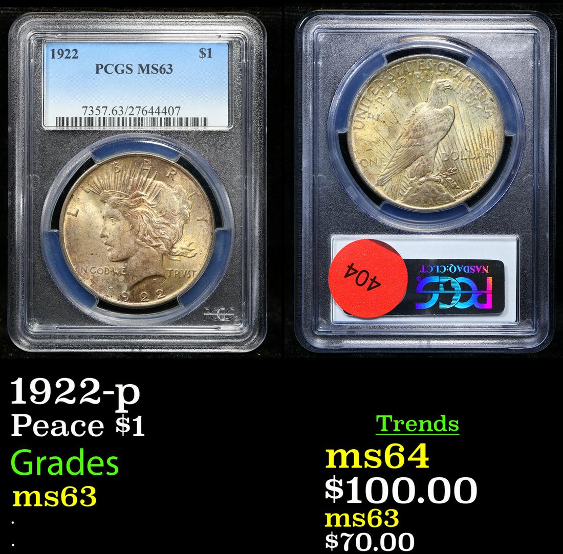 PCGS 1922-p Peace Dollar $1 Graded ms63 By PCGS (1 of 3)