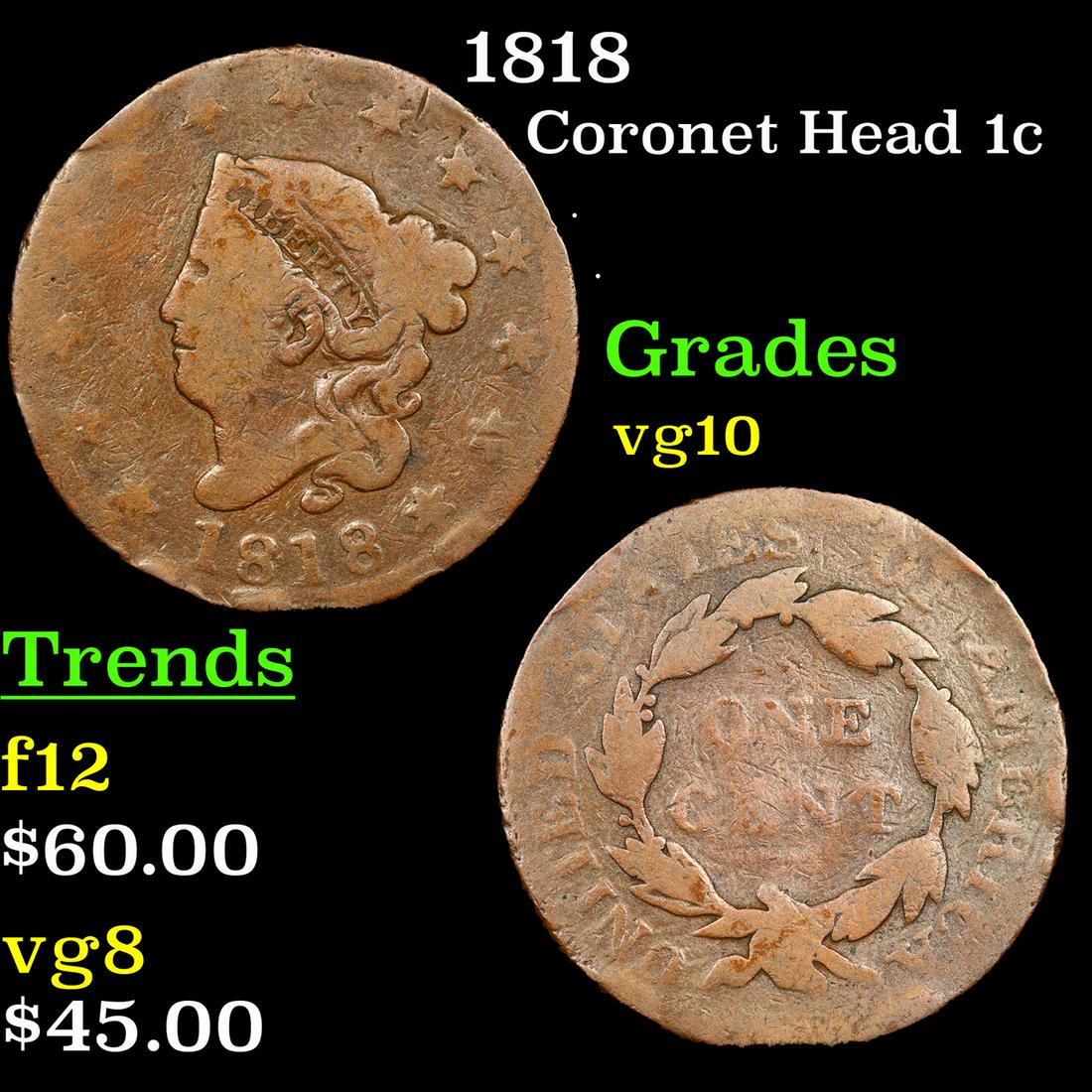 1818 Coronet Head 1c Grades vg+ (1 of 3)