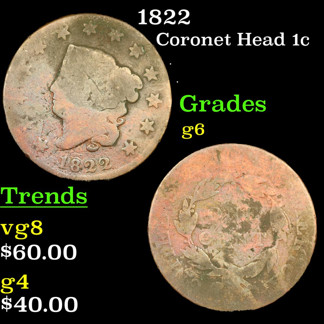 1822 Coronet Head 1c Grades g+ (1 of 3)