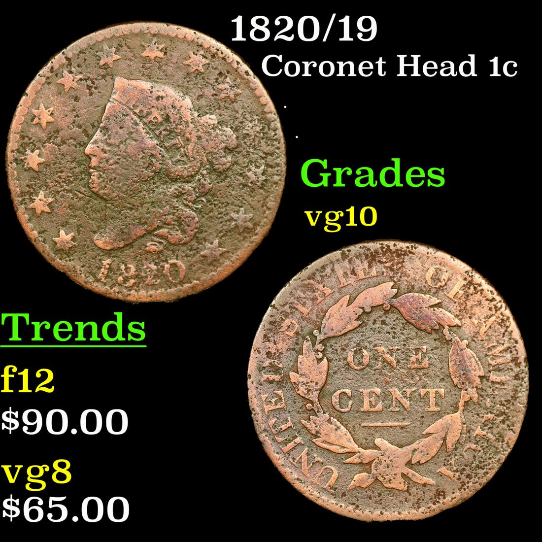 1820/19 Coronet Head 1c Grades vg+ (1 of 3)