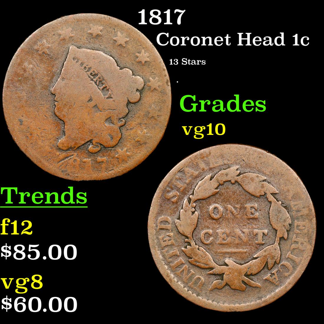 1817 Coronet Head 1c Grades vg+ (1 of 3)