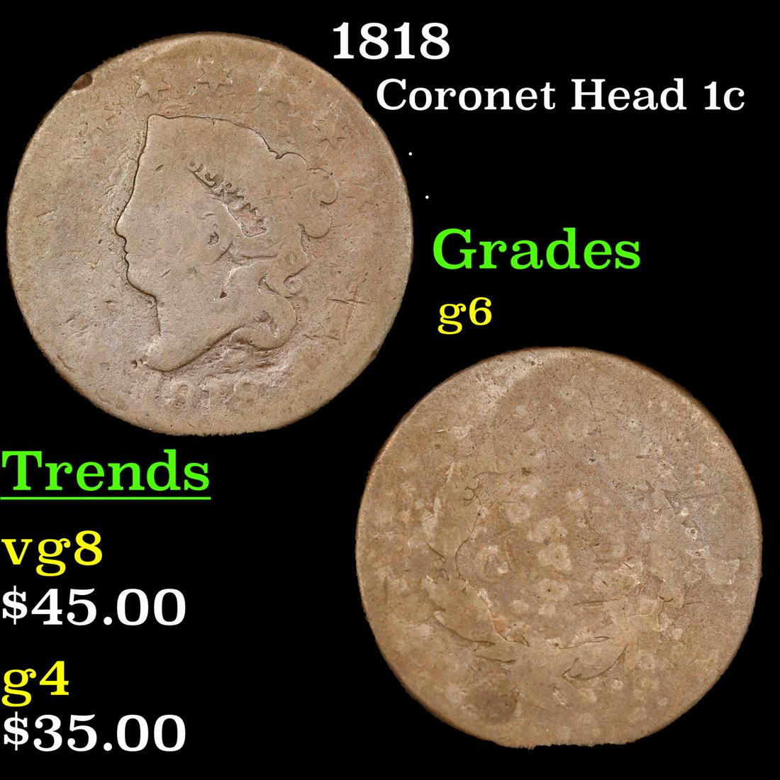 1818 Coronet Head 1c Grades g+ (1 of 3)