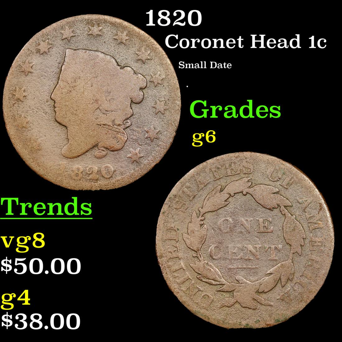 1820 Coronet Head 1c Grades g+ (1 of 3)
