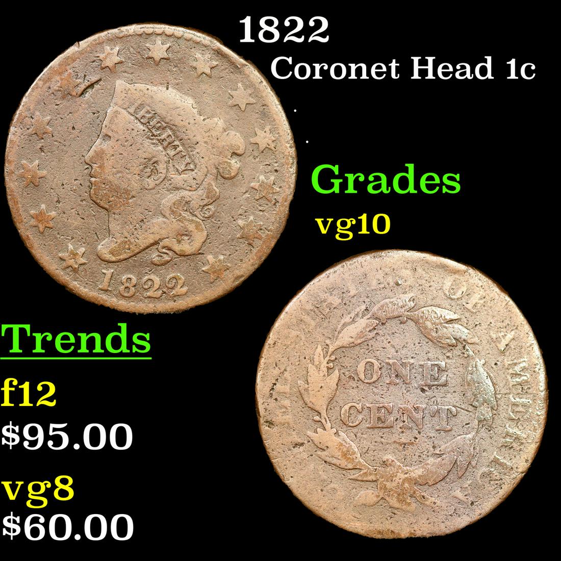 1822 Coronet Head 1c Grades vg+ (1 of 3)