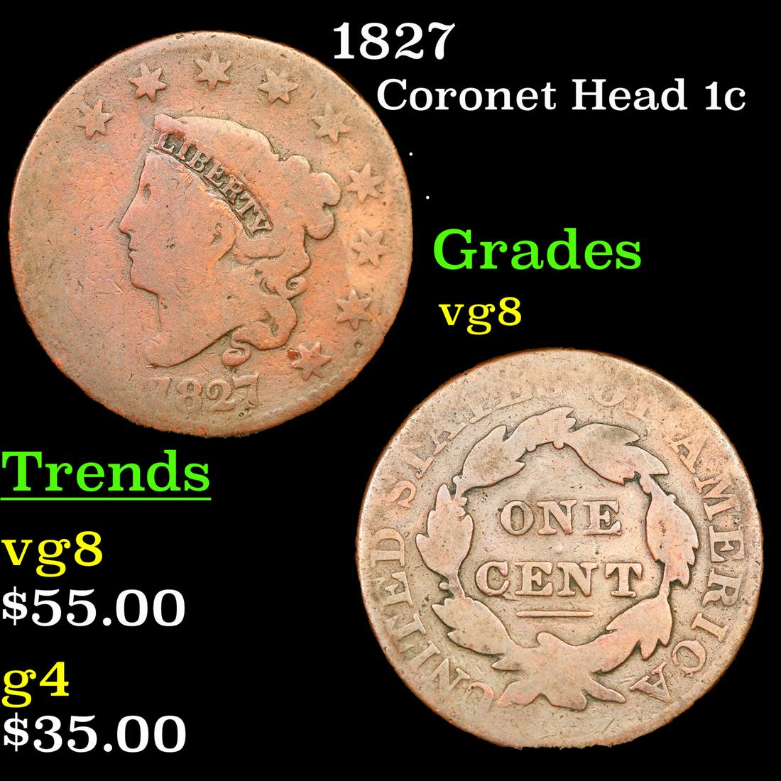 1827 Coronet Head 1c Grades vg, very good (1 of 3)