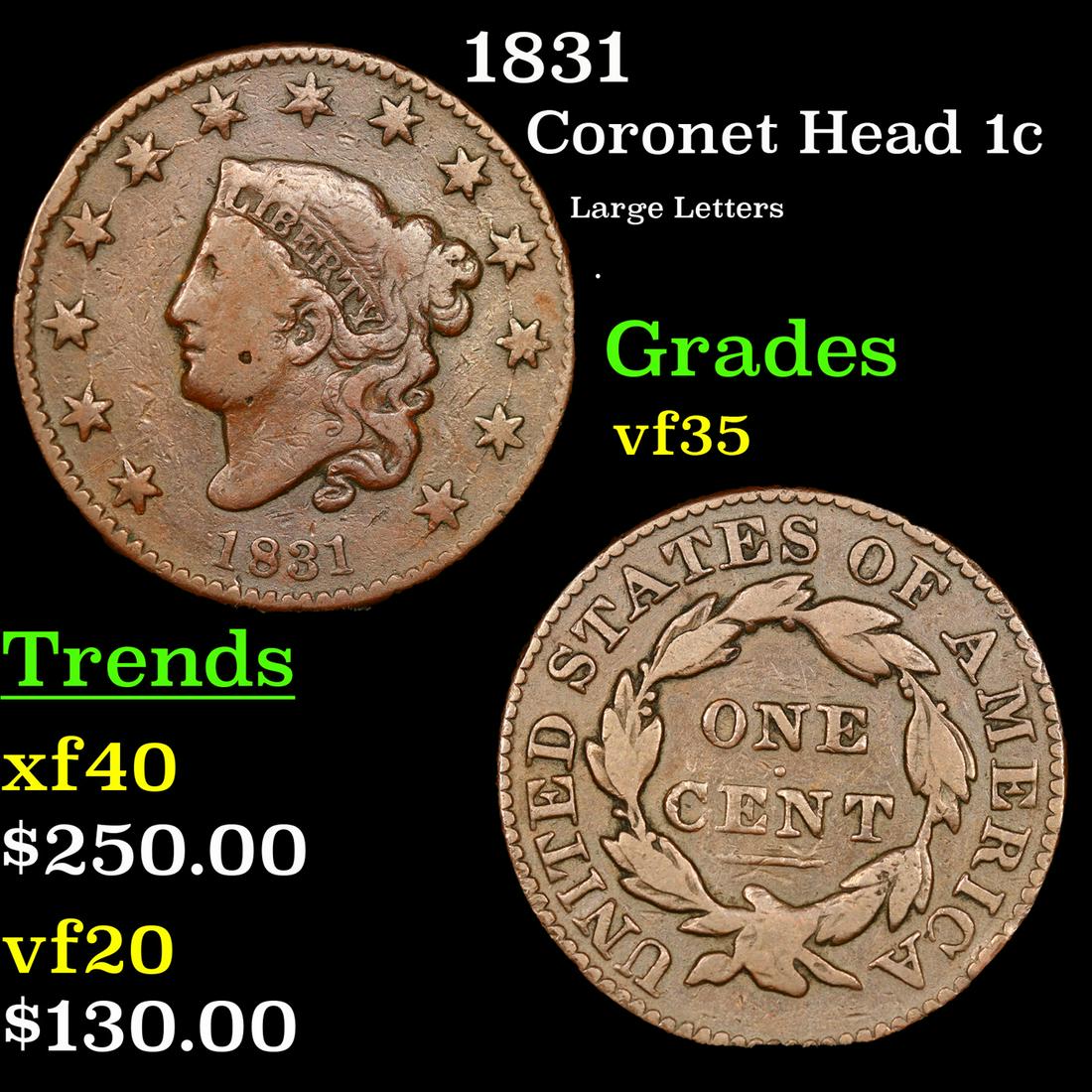 1831 Coronet Head 1c Grades vf++ (1 of 3)