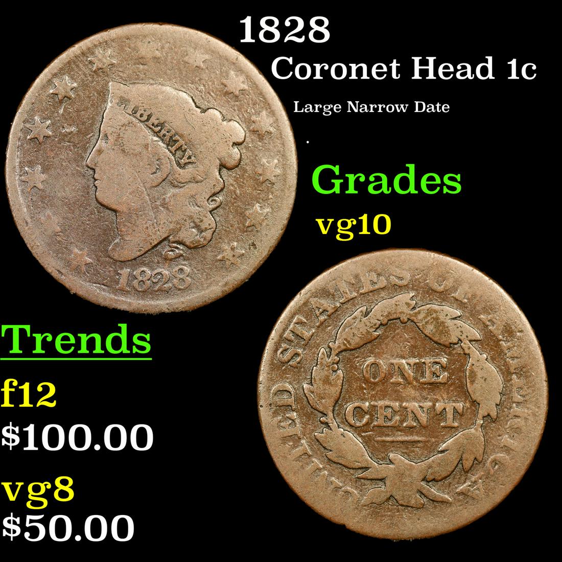 1828 Coronet Head 1c Grades vg+ (1 of 3)