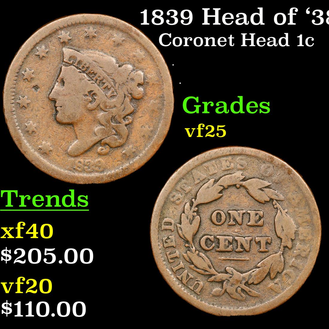 1839 Head of '38 Coronet Head 1c Grades vf+ (1 of 3)
