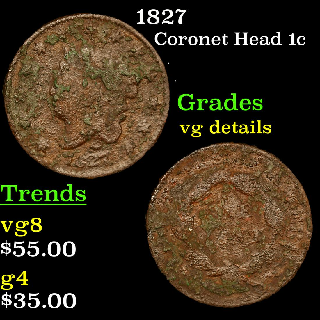 1827 Coronet Head 1c Grades vg details (1 of 3)