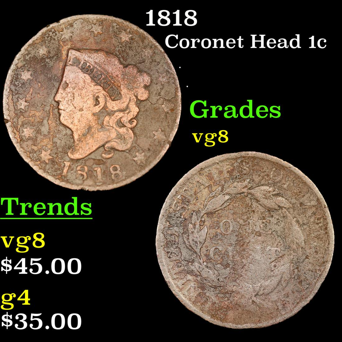 1818 Coronet Head 1c Grades vg, very good (1 of 3)