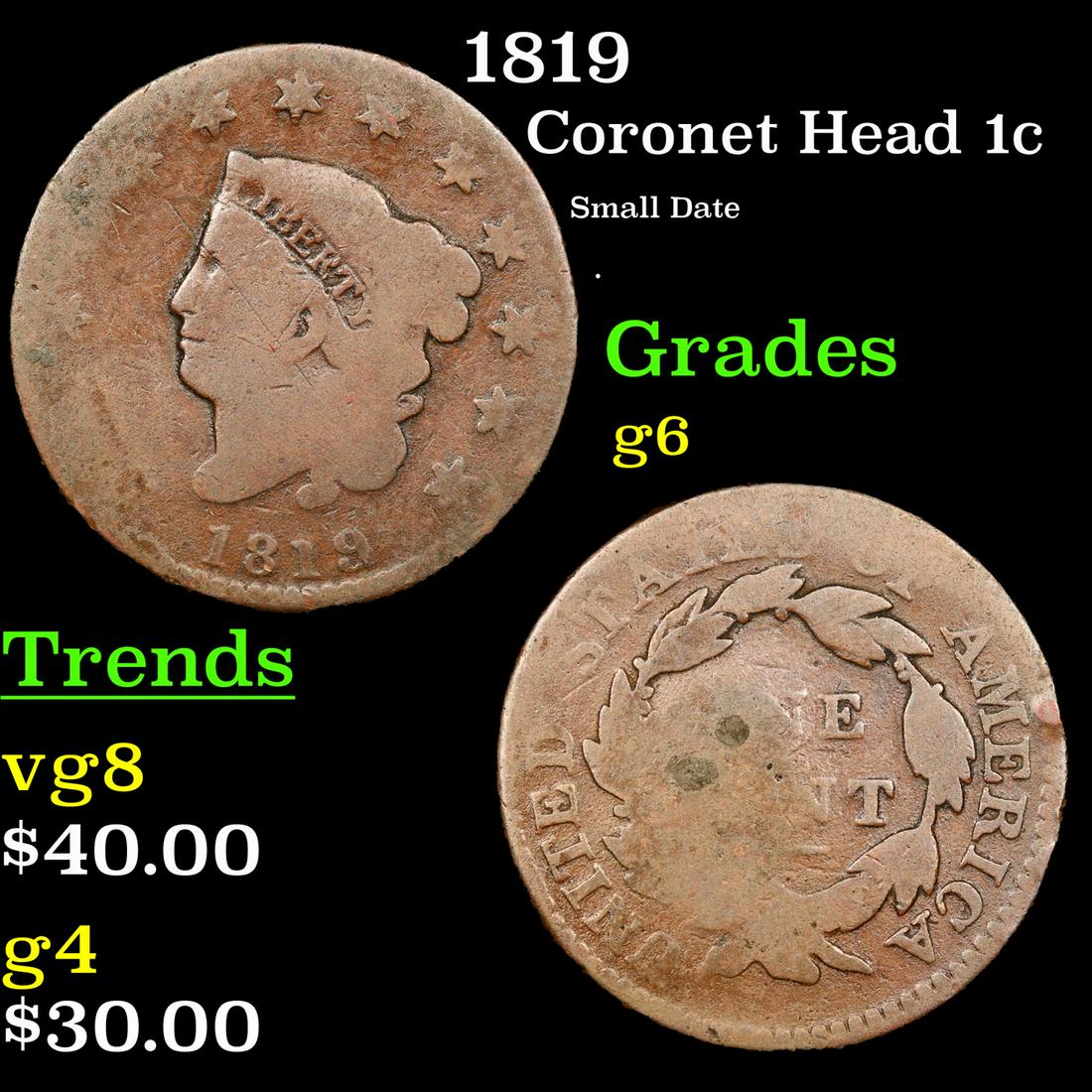 1819 Coronet Head 1c Grades g+ (1 of 3)