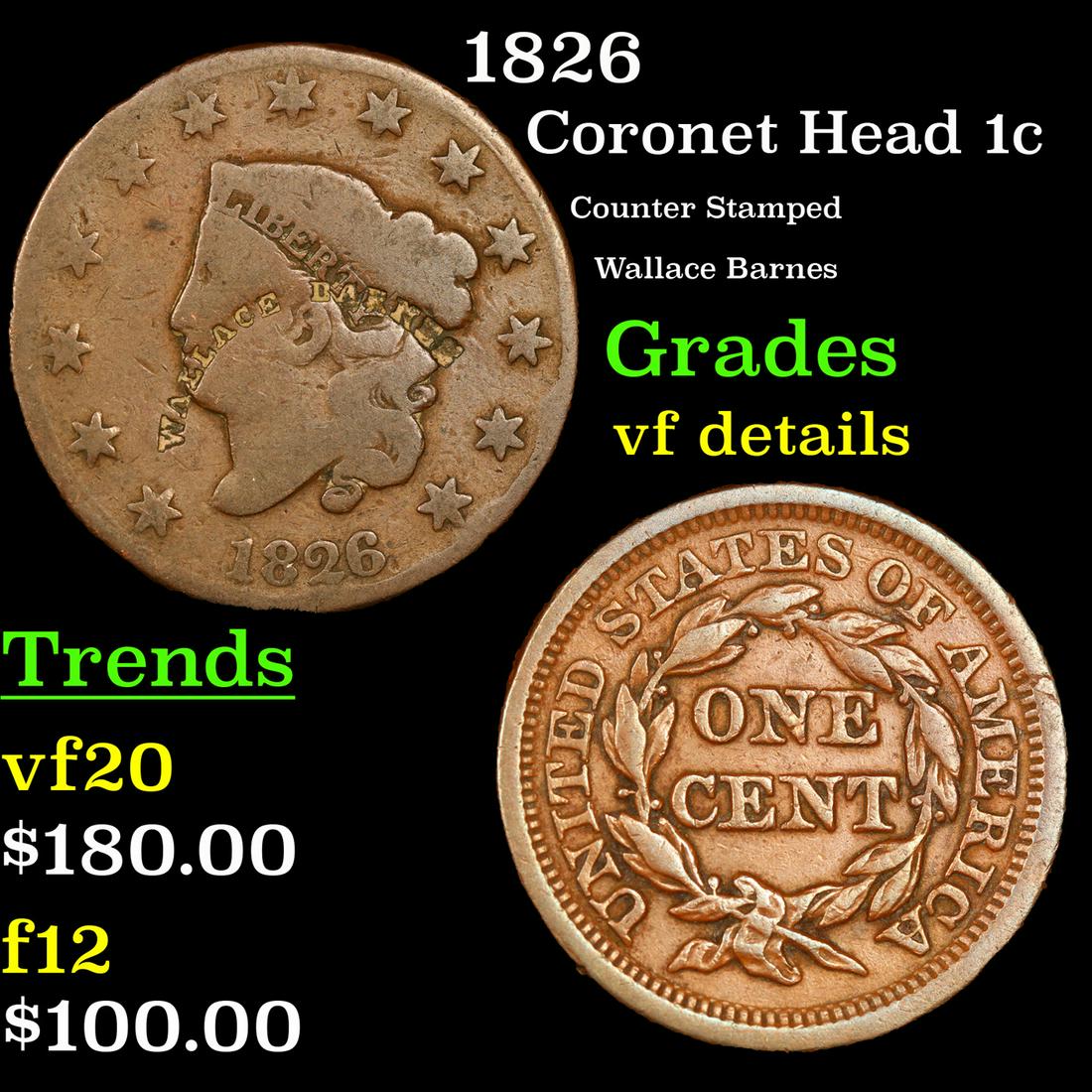 1826 Coronet Head 1c Grades vf details (1 of 3)