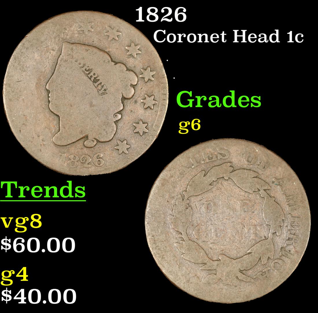 1826 Coronet Head 1c Grades g+ (1 of 3)