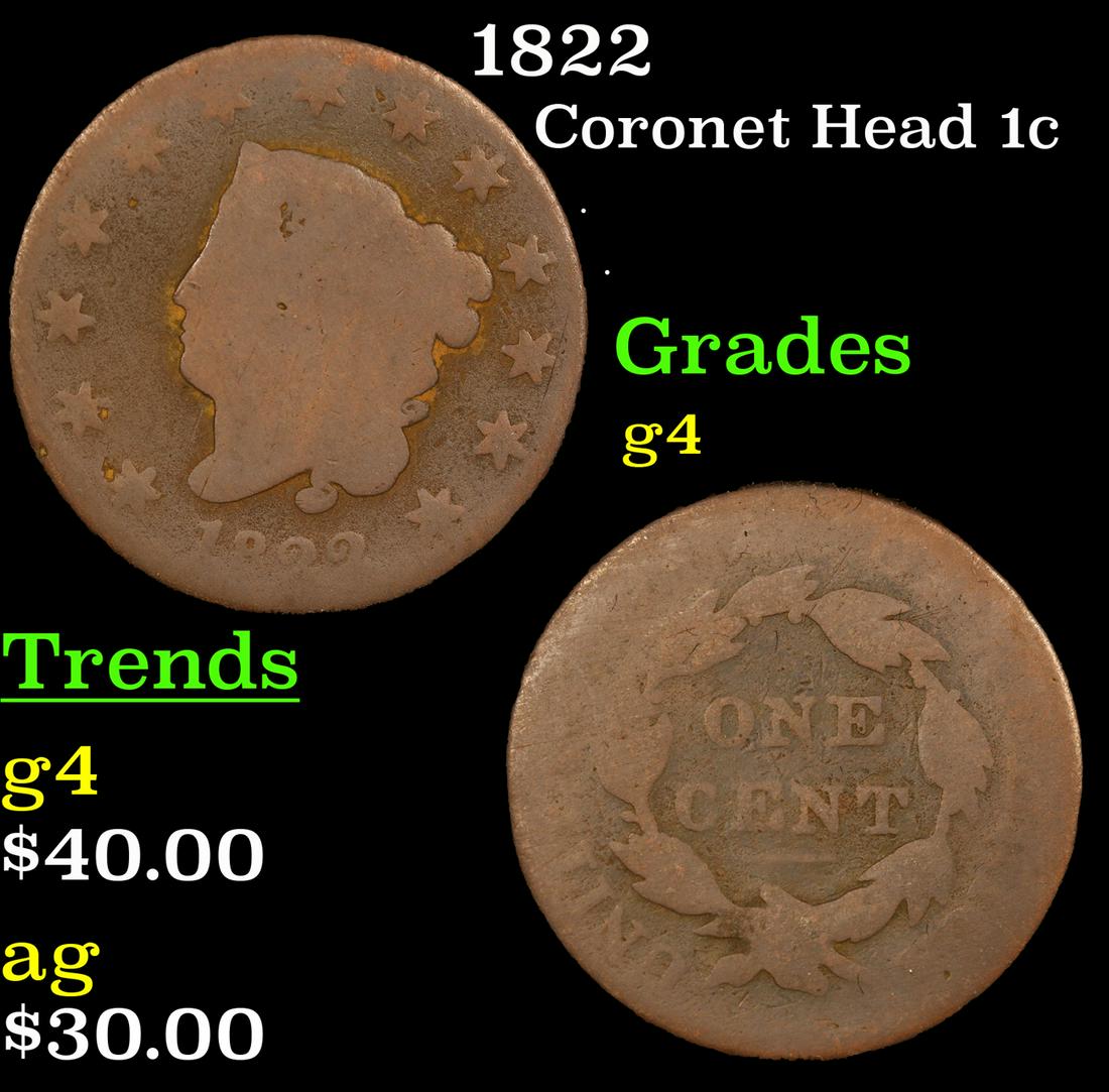 1822 Coronet Head 1c Grades g, good (1 of 3)