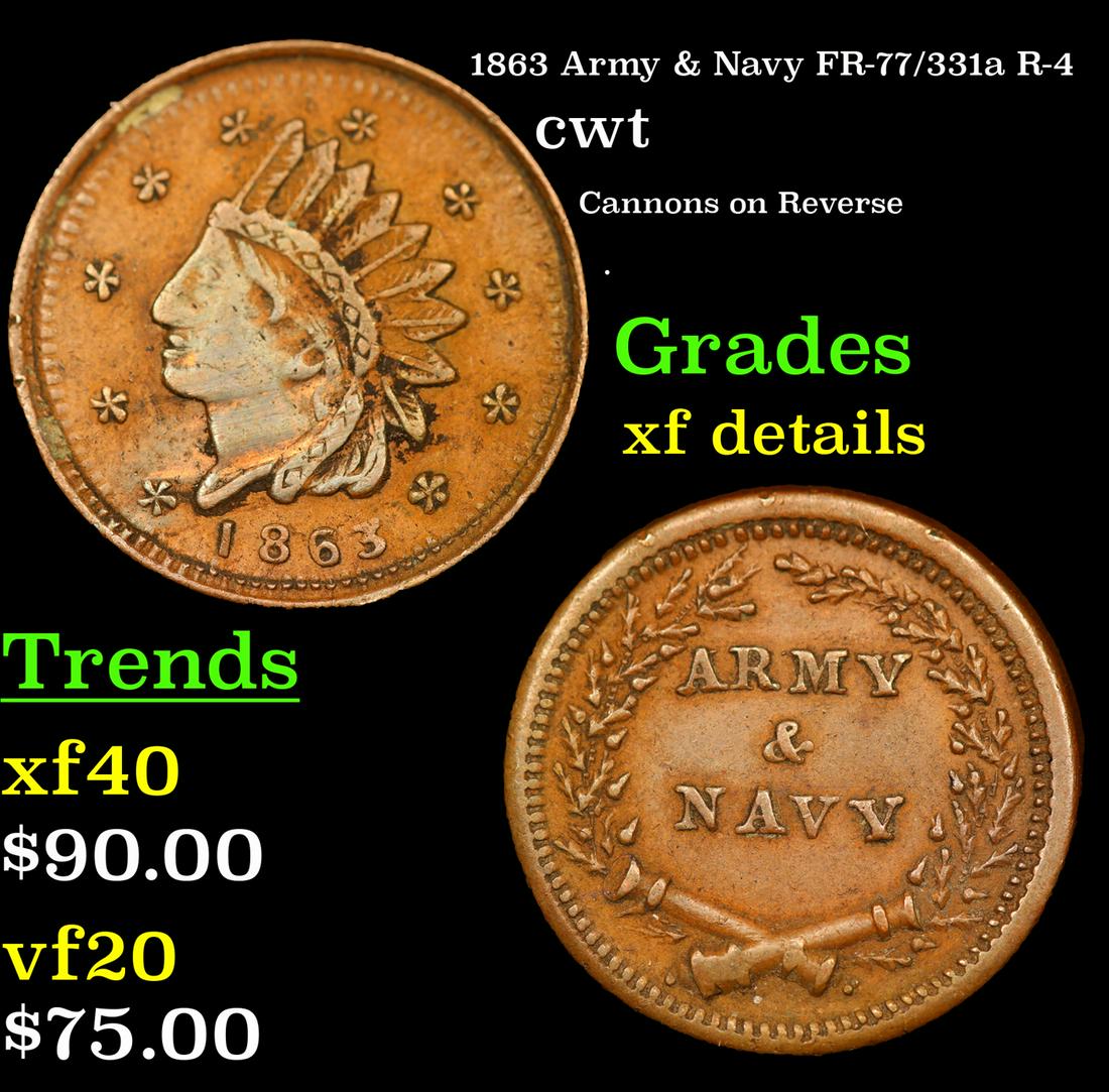 1863 Army & Navy FR-77/331a R-4 cwt Grades xf details: 1863 Army & Navy FR-77/331a R-4 Civil War Token 1c Grades xf details.
