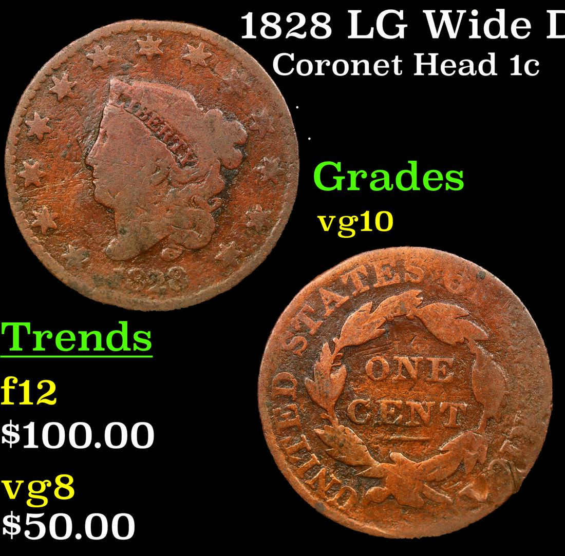 1828 LG Wide Date Coronet Head 1c Grades vg+ (1 of 3)