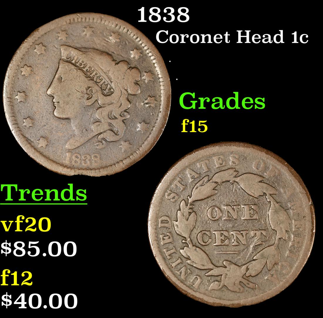 1838 Coronet Head 1c Grades f+ (1 of 3)