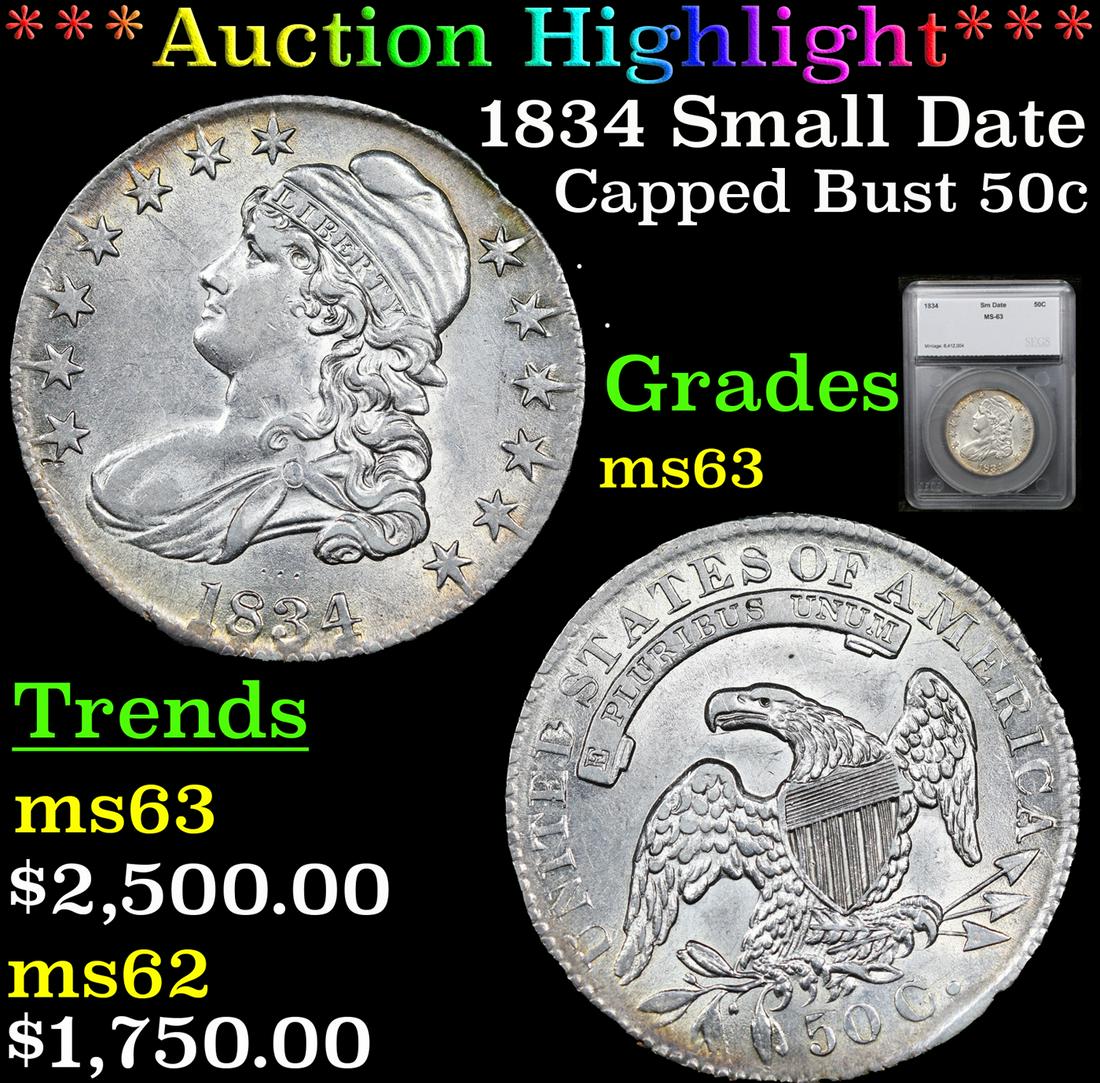 ***Auction Highlight*** 1834 Capped Bust Half Dollar Small Date 50c Graded ms63 By SEGS (fc) (1 of 5)