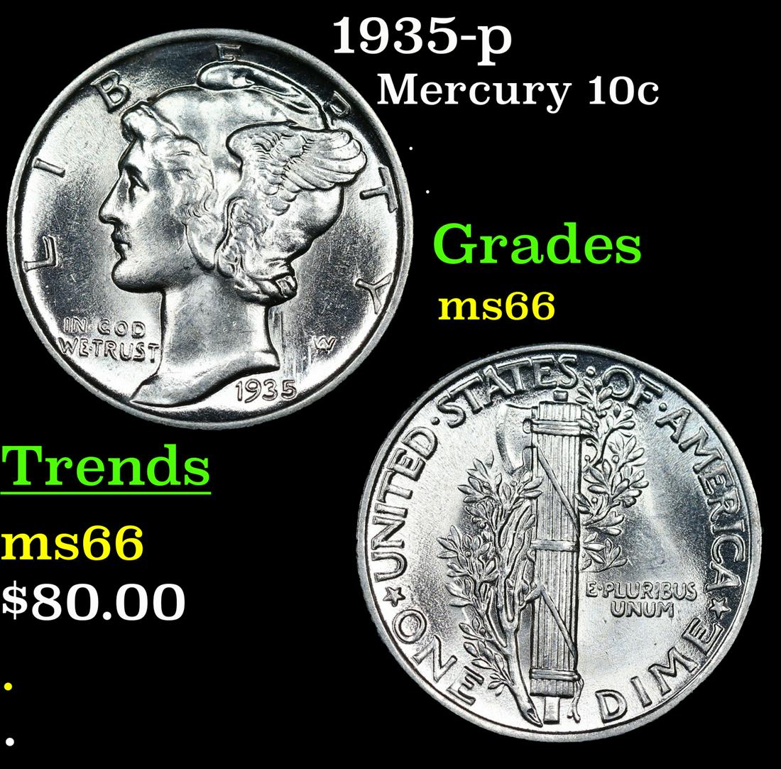 1935-p Mercury Dime 10c Grades GEM+ Unc (1 of 3)